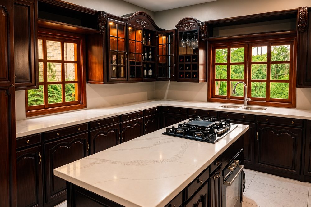 Cocina amplia con muebles de madera oscura, isla central y vista al jardín