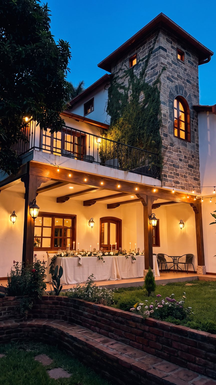 Terraza de la villa al anochecer, con mesa larga, velas y luces cálidas bajo las vigas