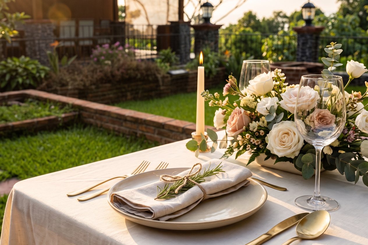 Detalle de mesa montada con mantel de lino, vajilla de cerámica y flores
