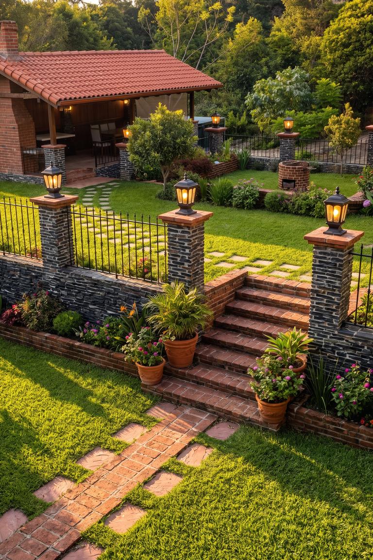 Senderos de ladrillo, gradas y faroles del jardín a la luz dorada del atardecer