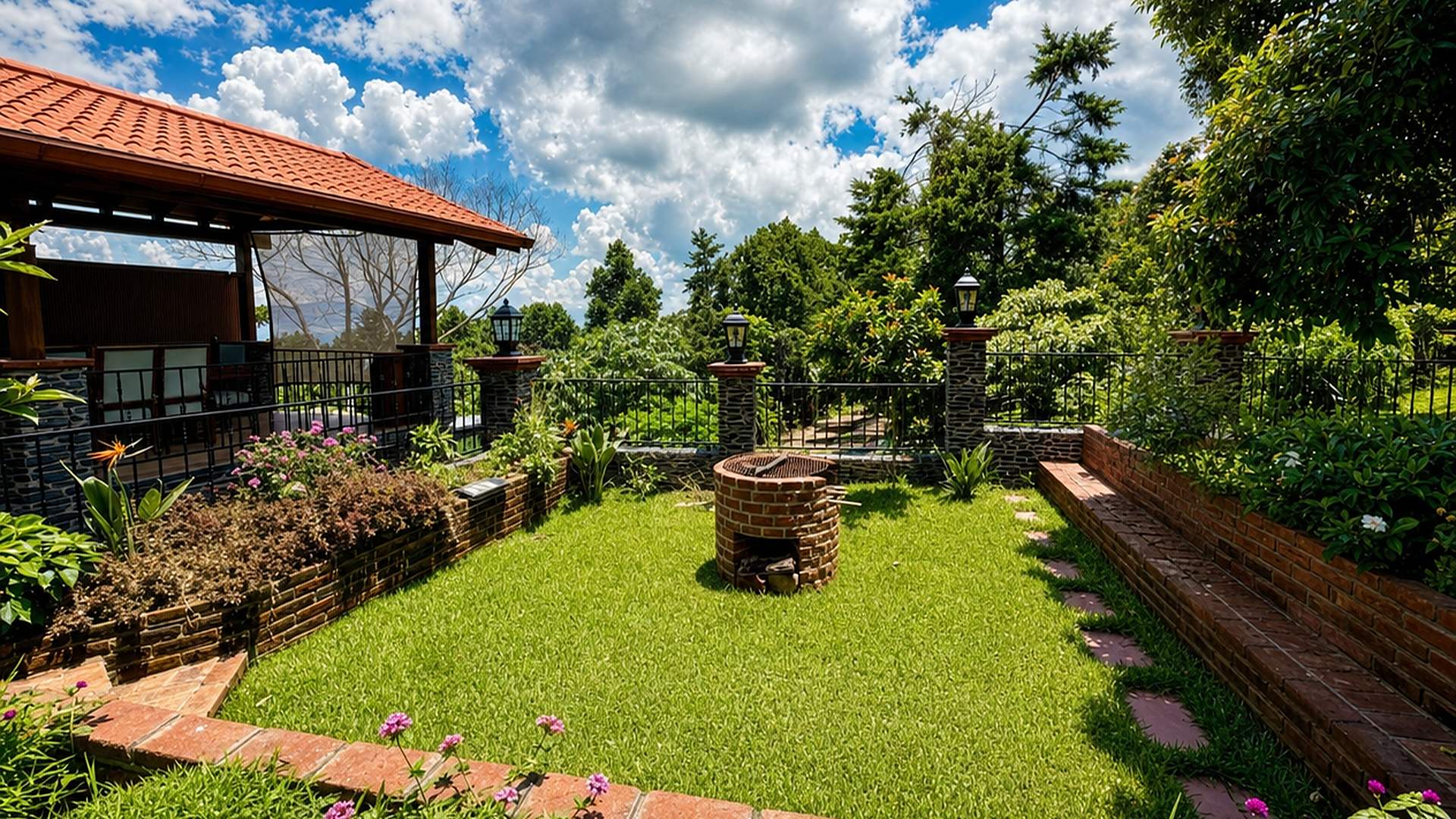 Villa Toscana: fachada blanca con torre de piedra, teja de barro y jardín, rodeada de naturaleza